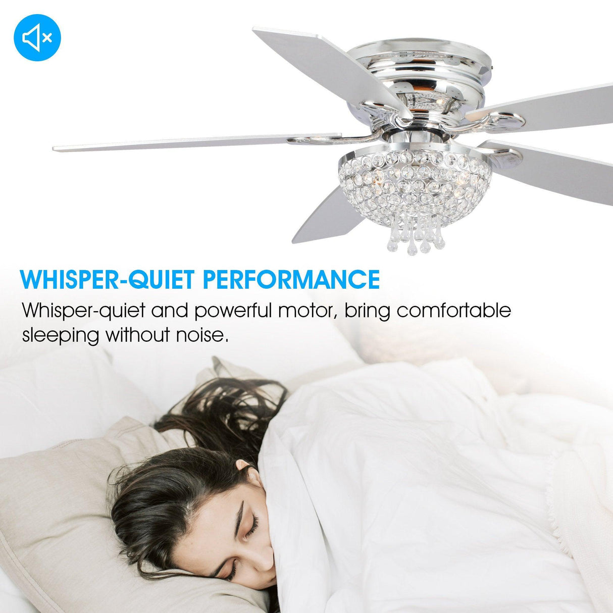 52" Modern Chrome Flush Mount Reversible Crystal Ceiling Fan With Lighting And Remote Control