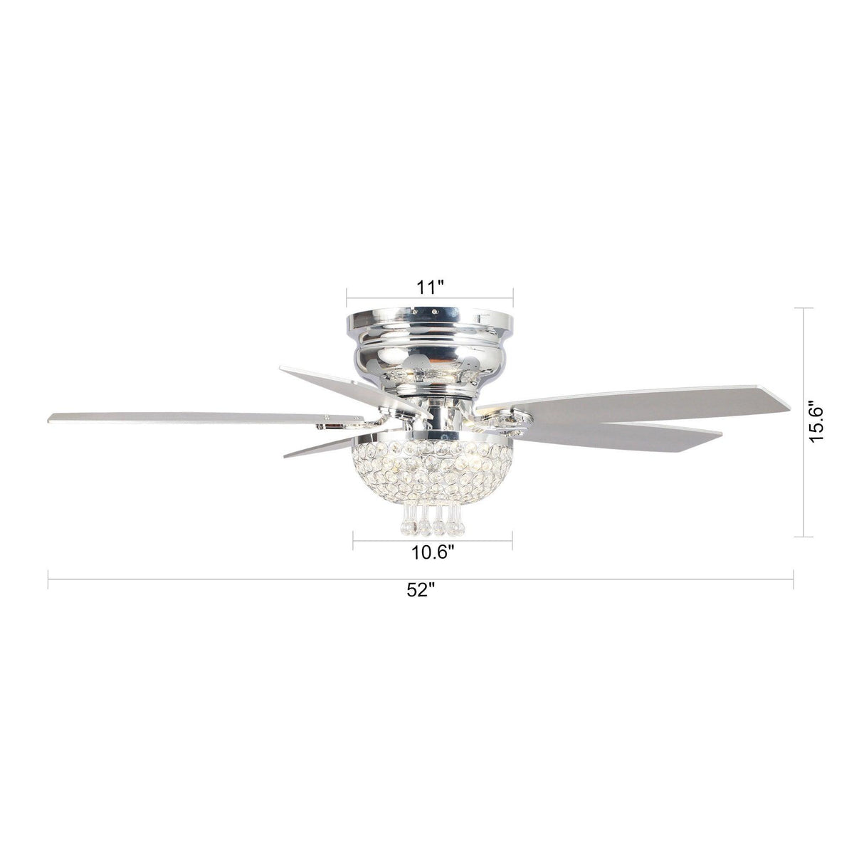52" Modern Chrome Flush Mount Reversible Crystal Ceiling Fan With Lighting And Remote Control