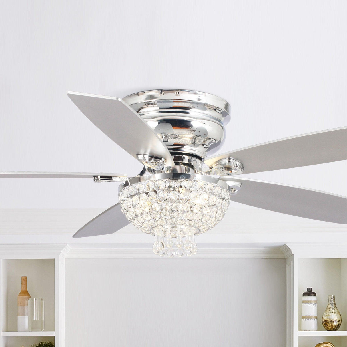 52" Modern Chrome Flush Mount Reversible Crystal Ceiling Fan With Lighting And Remote Control