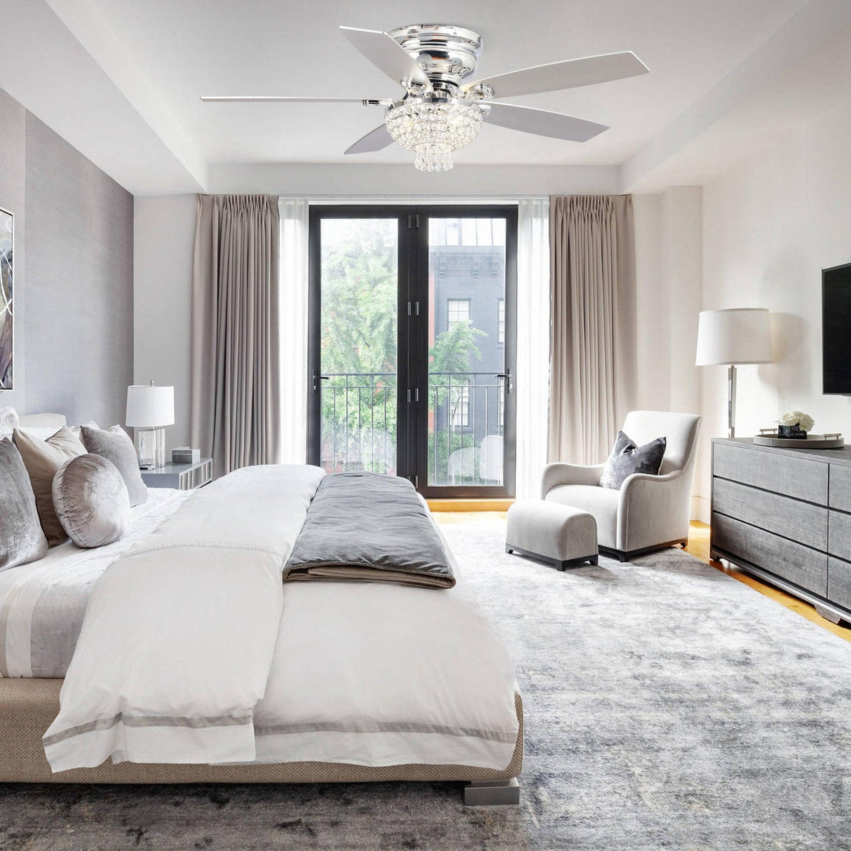 52" Modern Chrome Flush Mount Reversible Crystal Ceiling Fan With Lighting And Remote Control