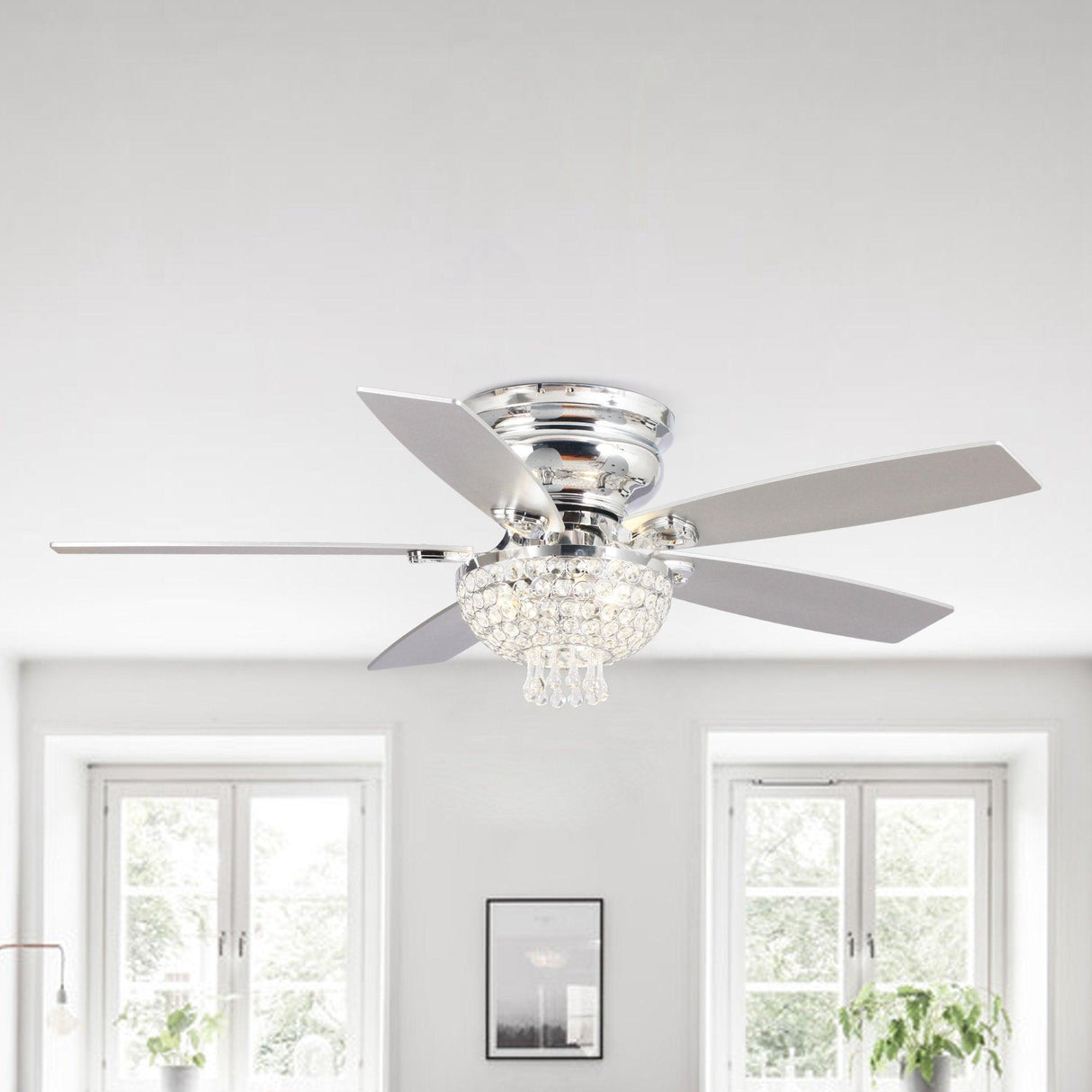 52" Modern Chrome Flush Mount Reversible Crystal Ceiling Fan With Lighting And Remote Control