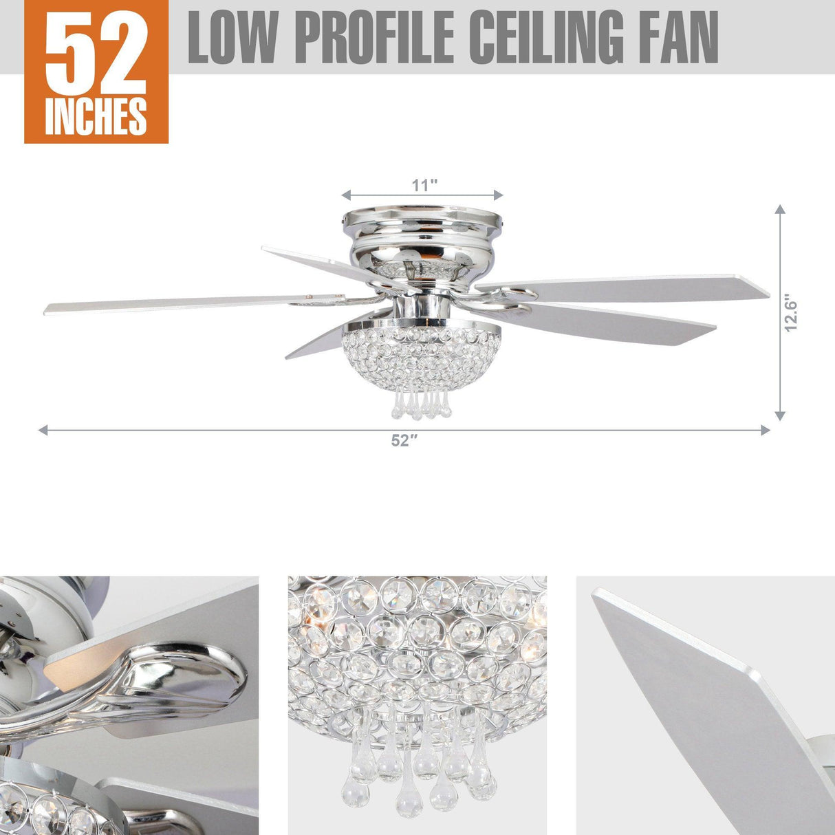 52" Modern Chrome Flush Mount Reversible Crystal Ceiling Fan With Lighting And Remote Control