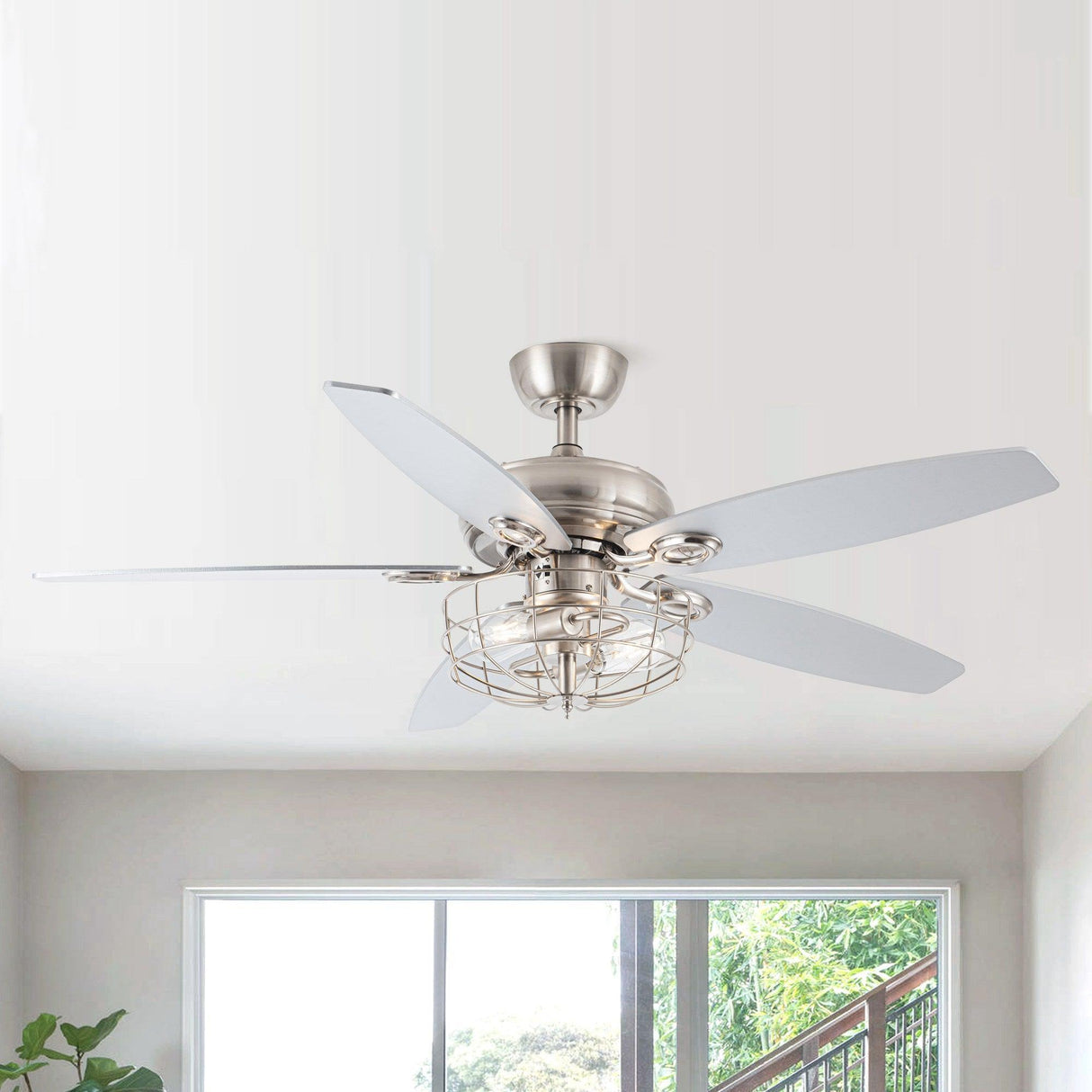 52" Kyla Industrial Caged Ceiling Fan With Light Remote Control Satin Nickel