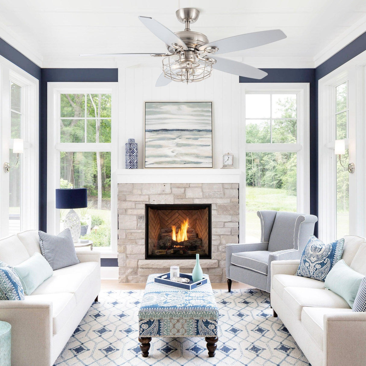 52" Kyla Industrial Caged Ceiling Fan With Light Remote Control Satin Nickel