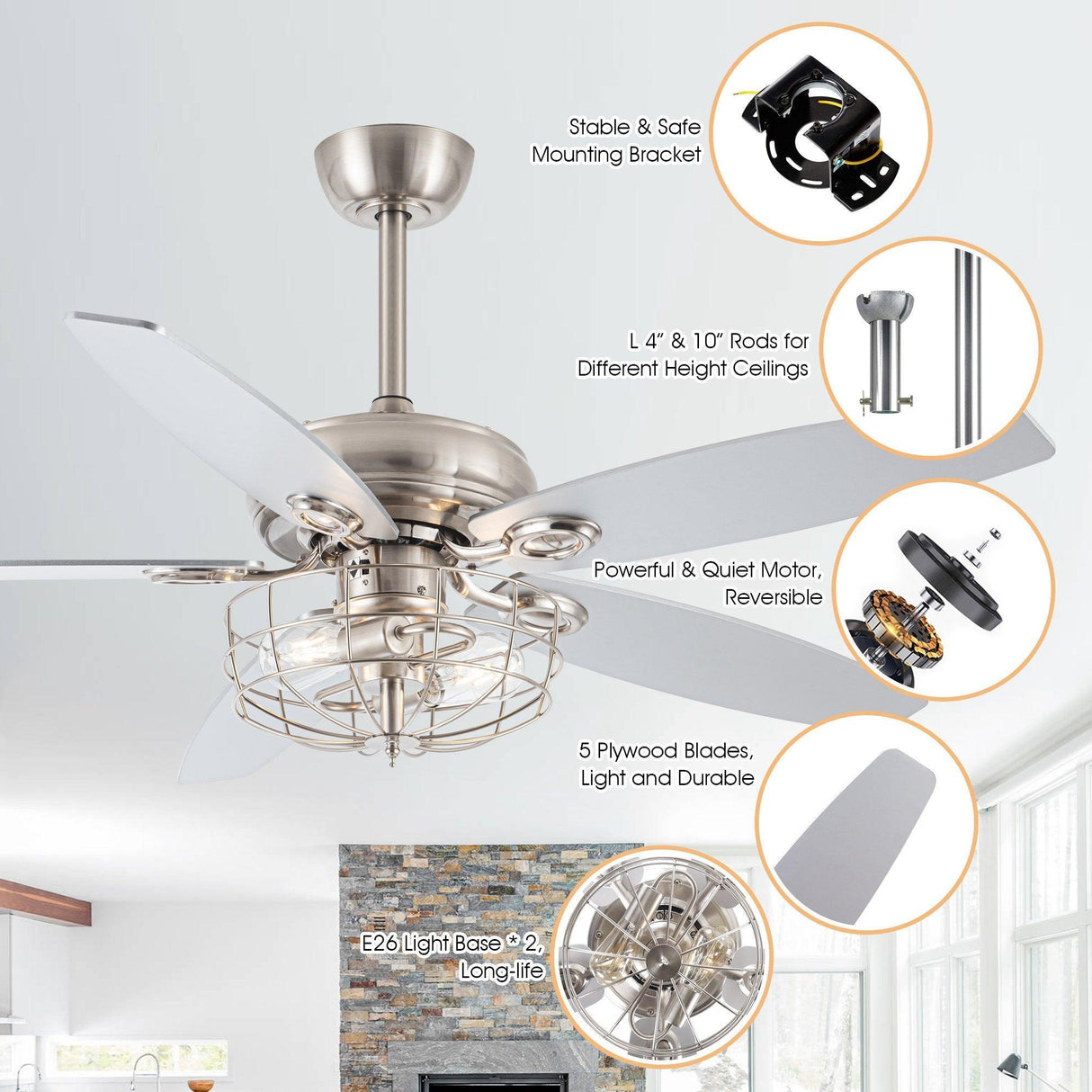 52" Kyla Industrial Caged Ceiling Fan With Light Remote Control Satin Nickel