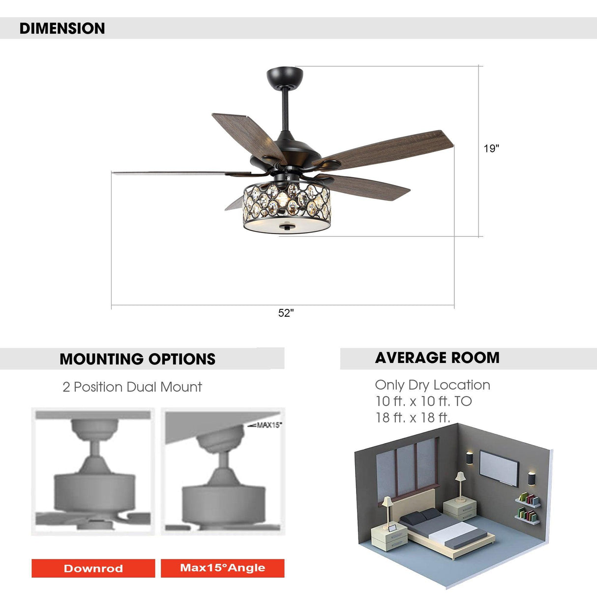 52" Tibuh Modern Crystal Chandelier Ceiling Fan With Led Light And Remote Control 5 Blades Chrome