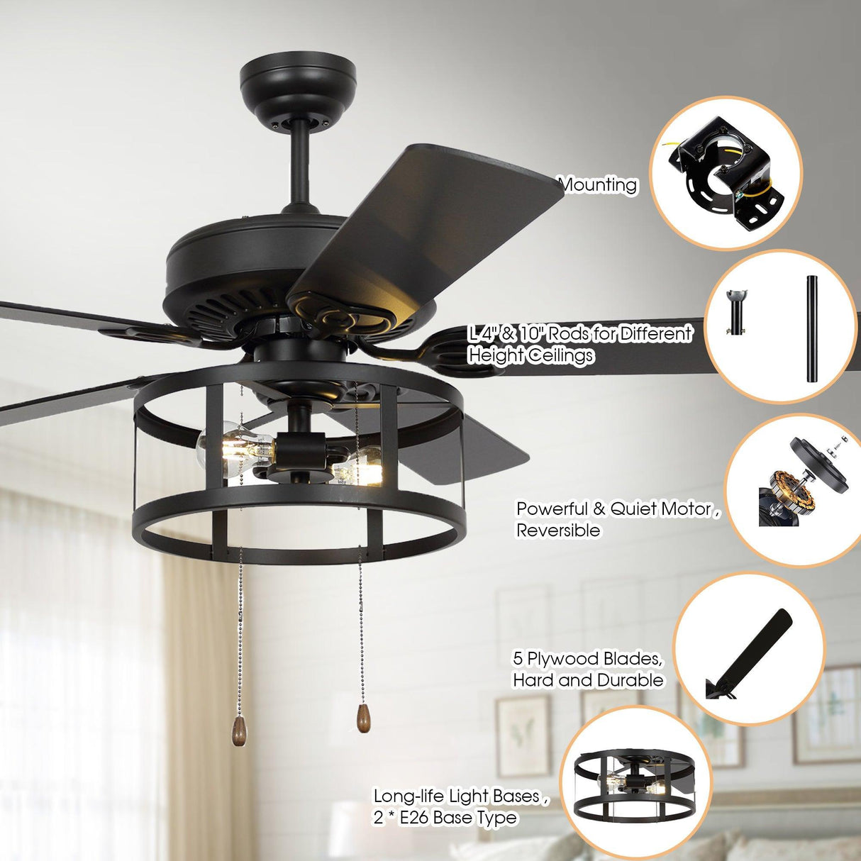 52" Urbana In Indoor Matte Black Industrial Ceiling Fan With Pull Chain And Light Kit
