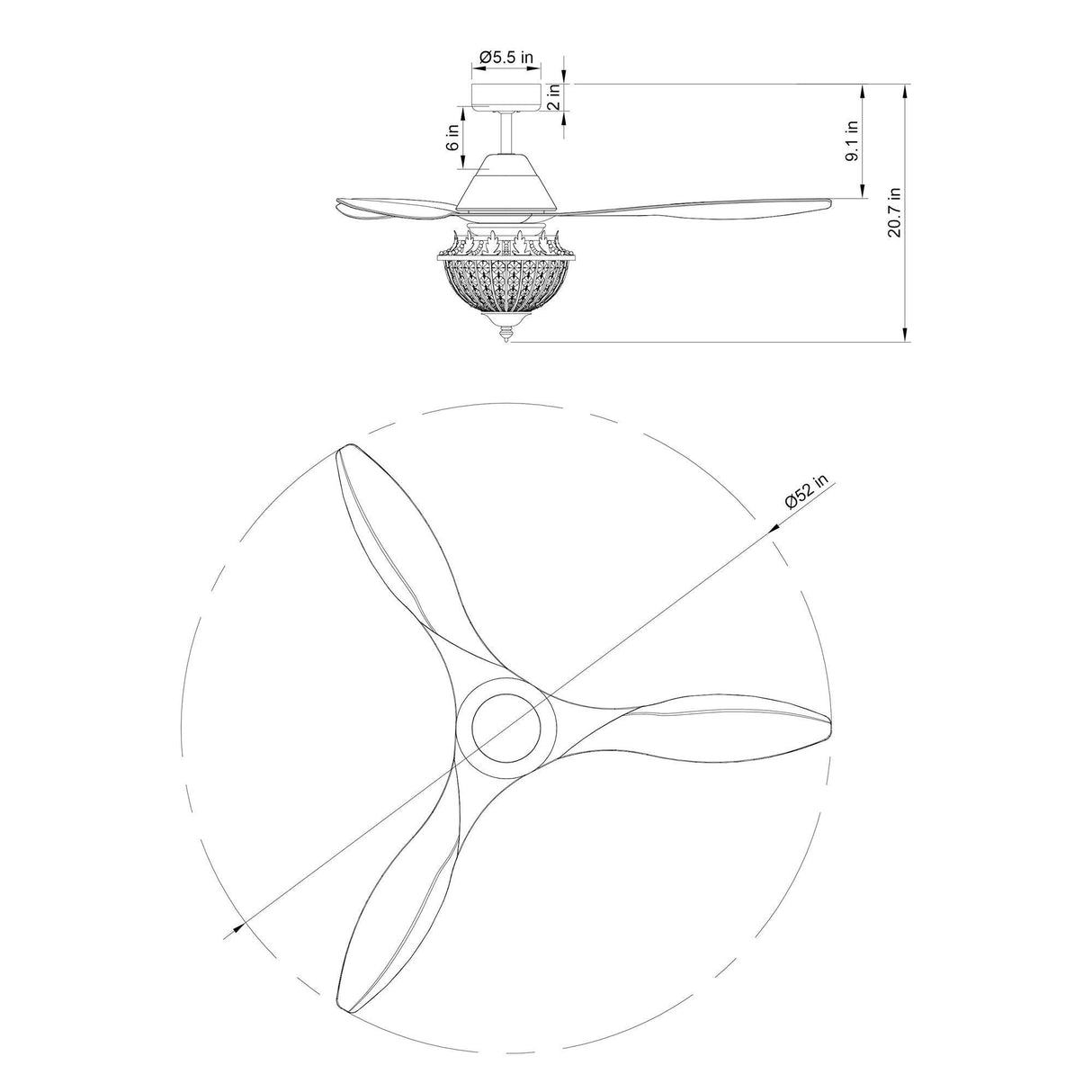 52" Vicky Indoor 3-Blade Rustic Crystal Ceiling Fan With Remote And Light Kit Included