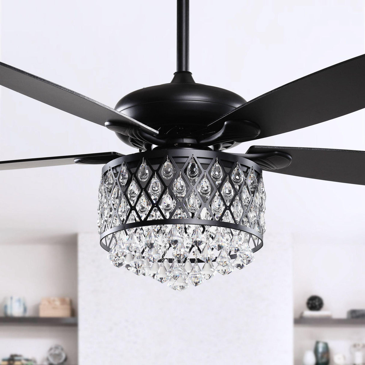 52” Wethington Modern Crystal Chandelier Ceiling Fan With Light And Remote Control Black