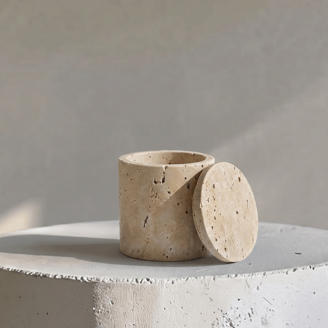 Rosalin Travertine Vessel with Lid