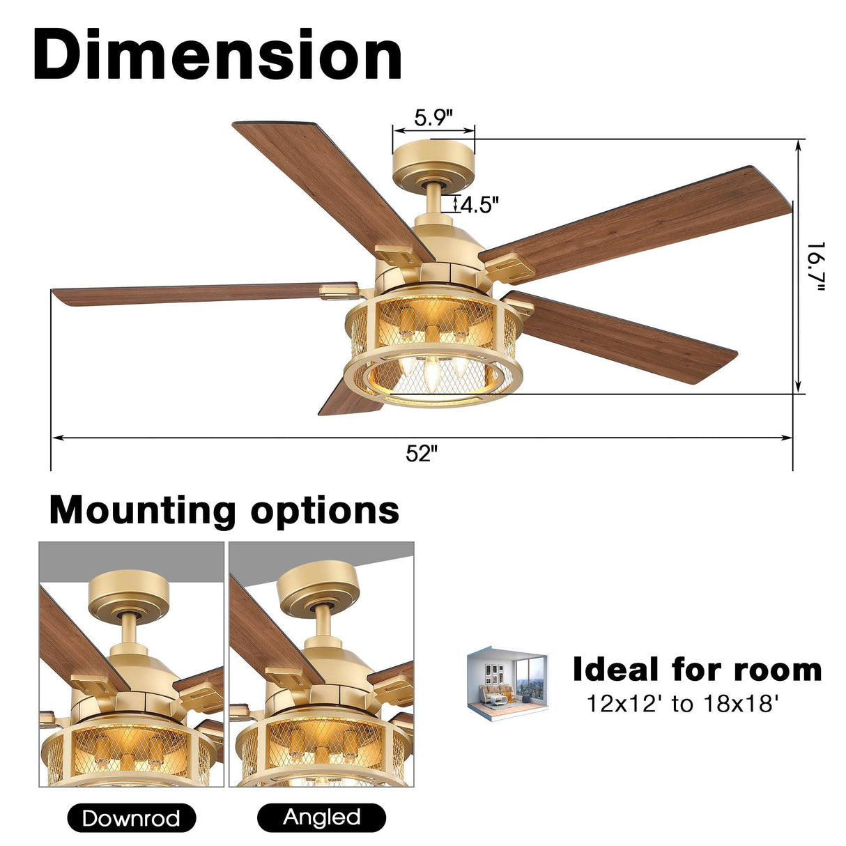 52 Industrial Reversible 5 Blade Mesh Led Ceiling Fan