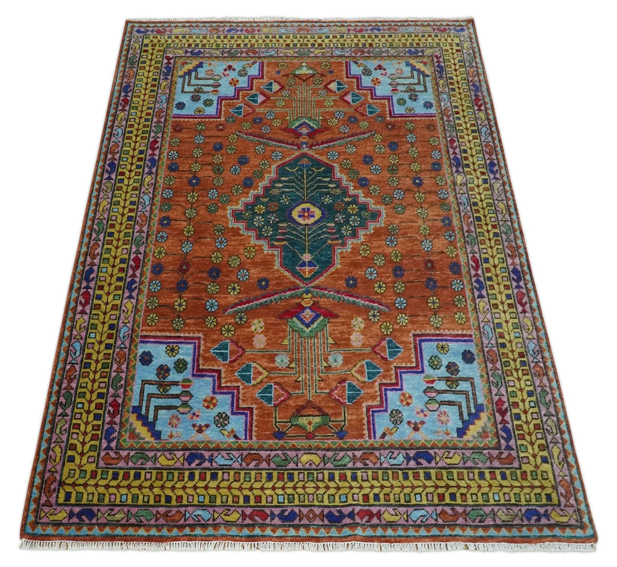 Hand Knotted Green, Rust, Yellow, Pink and Blue Traditional Floral Multi Size Wool Area Rug