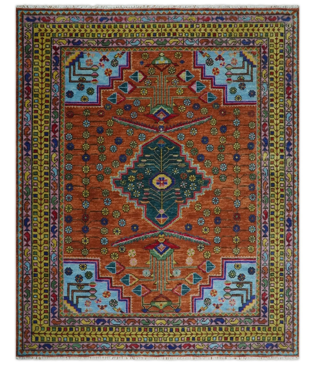 Hand Knotted Green, Rust, Yellow, Pink and Blue Traditional Floral Multi Size Wool Area Rug