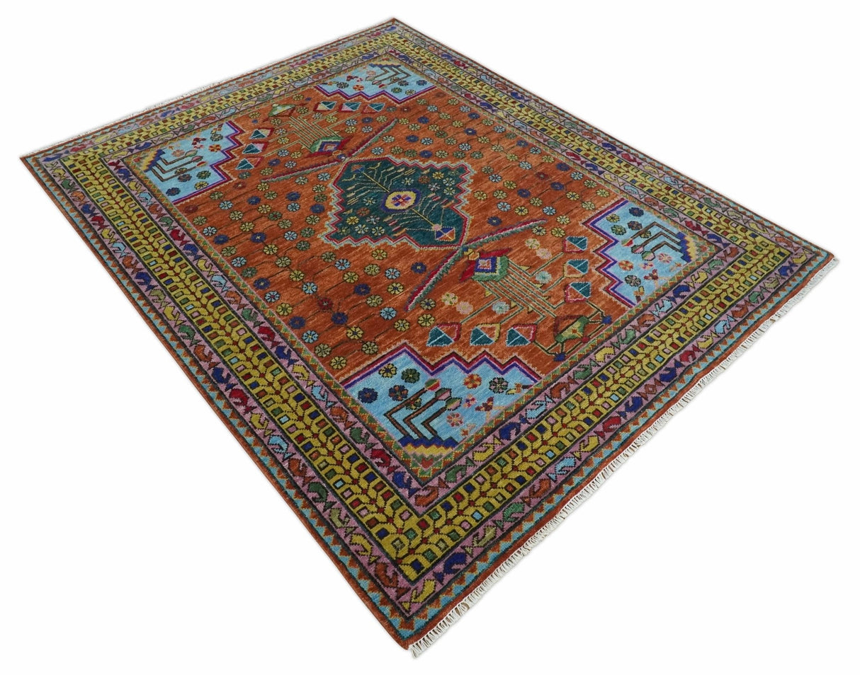 Hand Knotted Green, Rust, Yellow, Pink and Blue Traditional Floral Multi Size Wool Area Rug