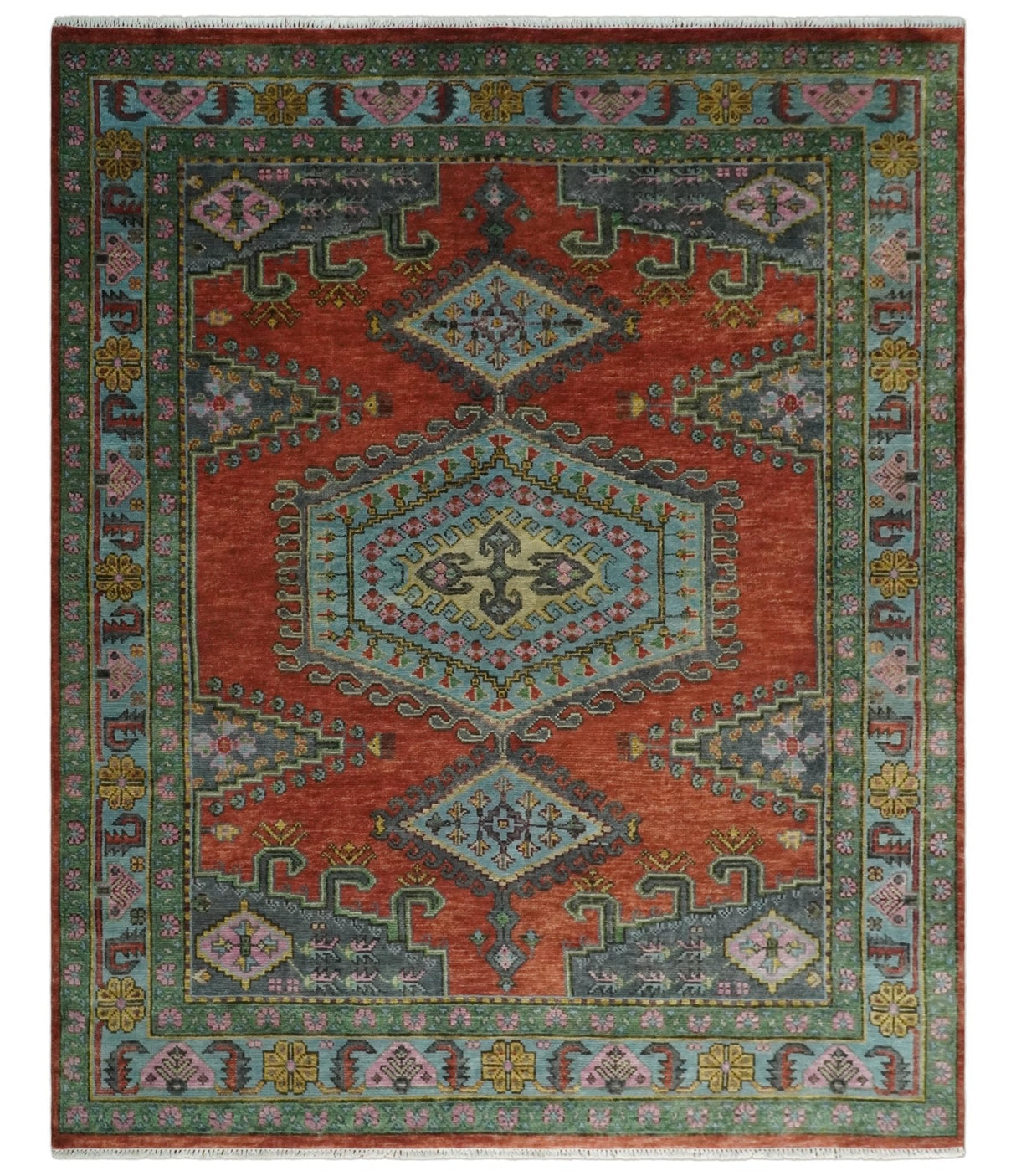 Hand Knotted Rust, Blue and Olive Traditional Antique Persian Rug