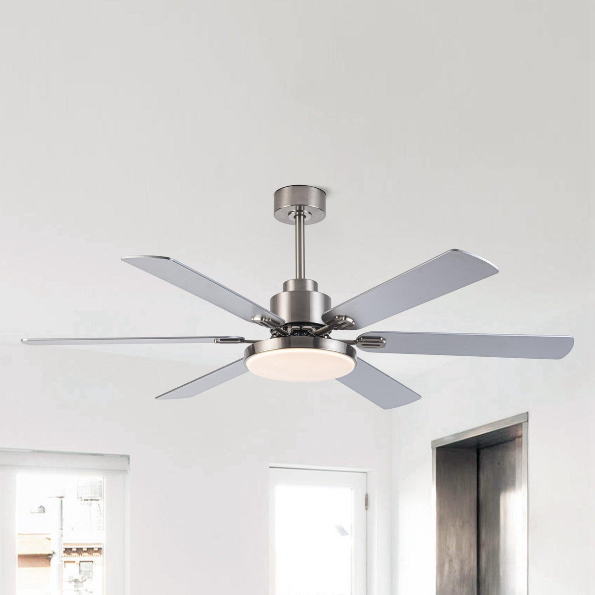 60" Modern Satin Nickel DC Motor Downrod Mount Reversible Ceiling Fan With Lighting And Remote Control