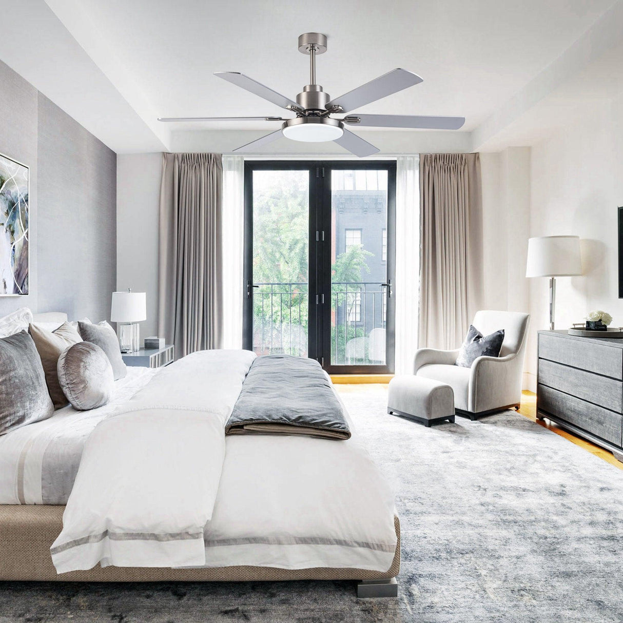 60" Modern Satin Nickel DC Motor Downrod Mount Reversible Ceiling Fan With Lighting And Remote Control