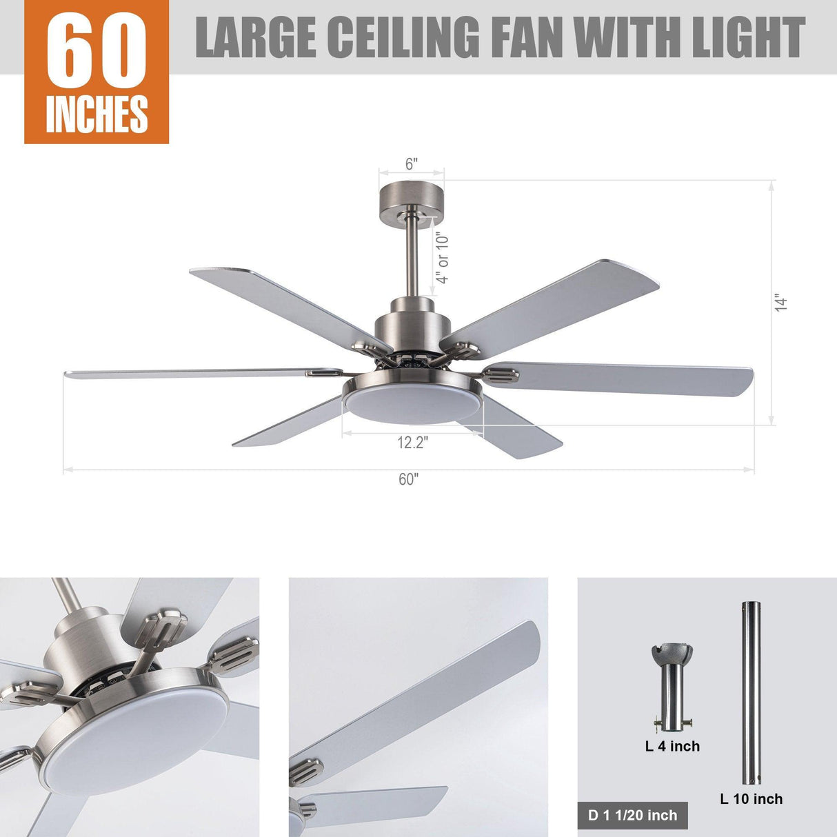 60" Modern Satin Nickel DC Motor Downrod Mount Reversible Ceiling Fan With Lighting And Remote Control