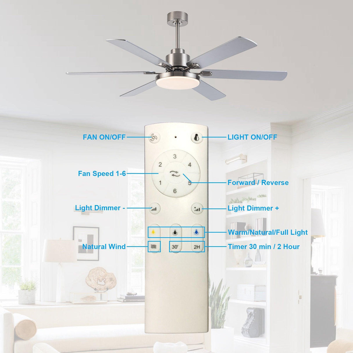 60" Modern Satin Nickel DC Motor Downrod Mount Reversible Ceiling Fan With Lighting And Remote Control