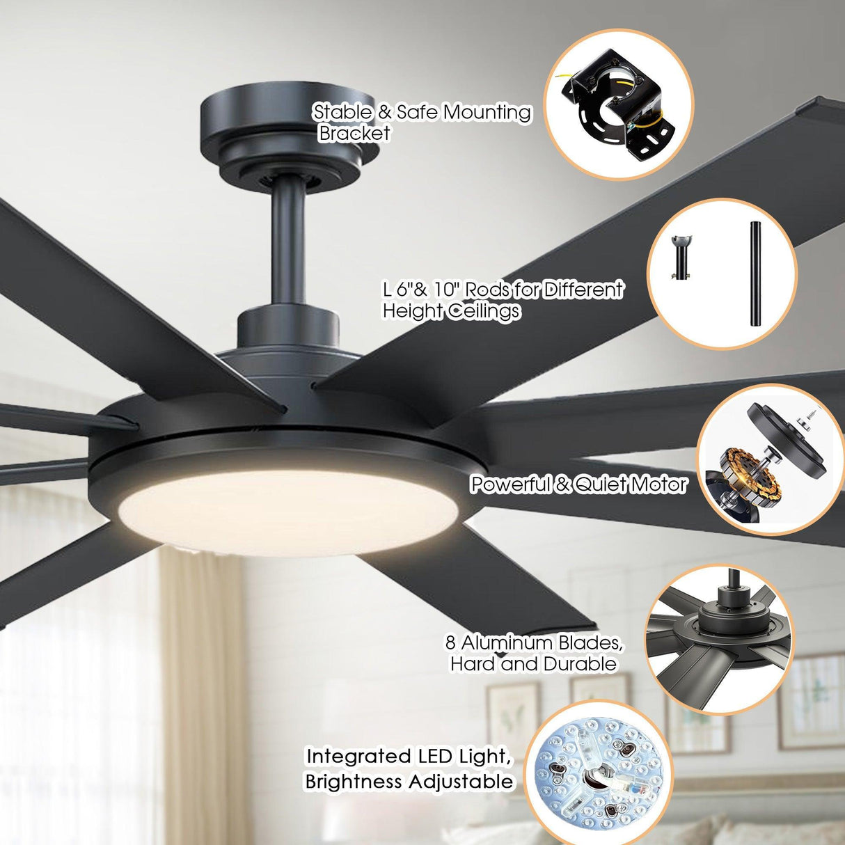 60" Black Led Indoor Ceiling Fan With Remote 8 Blade