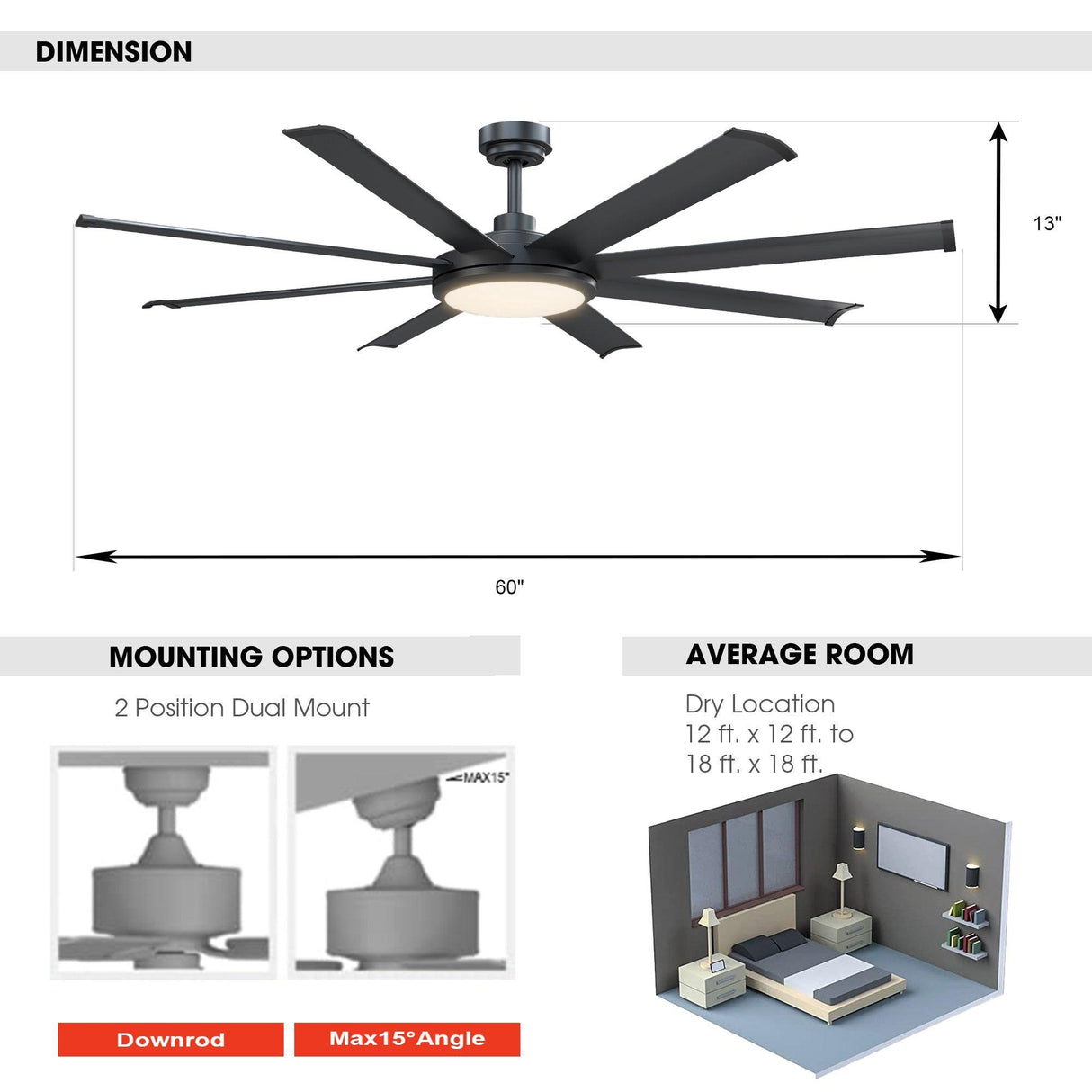 60" Black Led Indoor Ceiling Fan With Remote 8 Blade