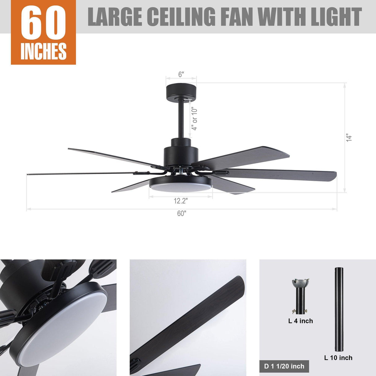 60" Modern DC Motor Downrod Mount Ceiling Fan With Lighting And Remote Control