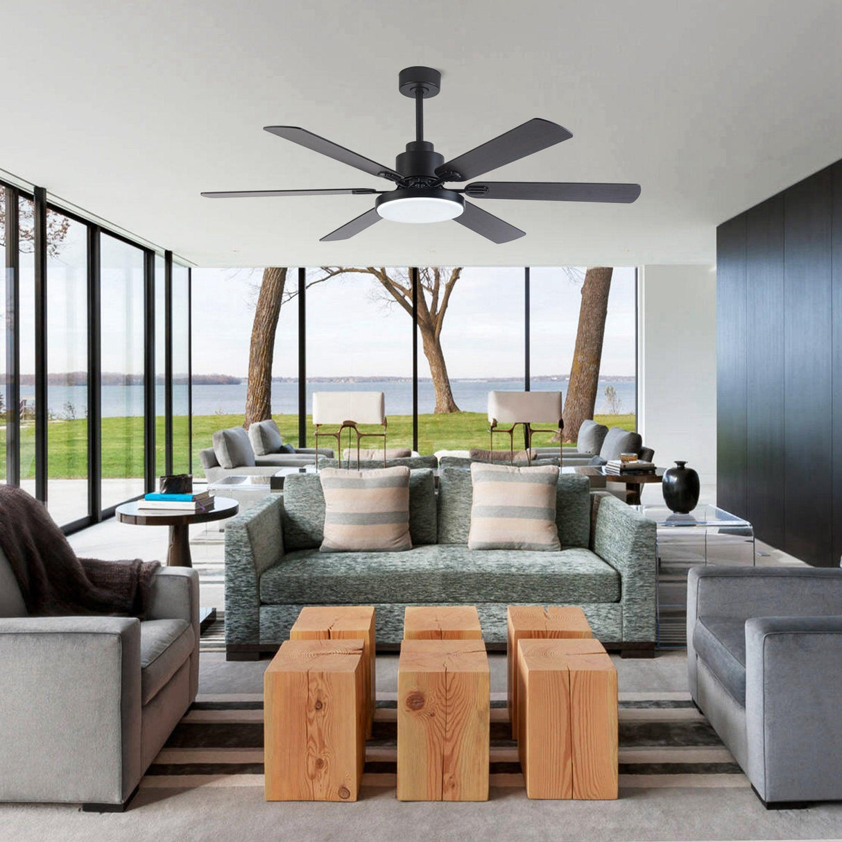 60" Modern DC Motor Downrod Mount Ceiling Fan With Lighting And Remote Control