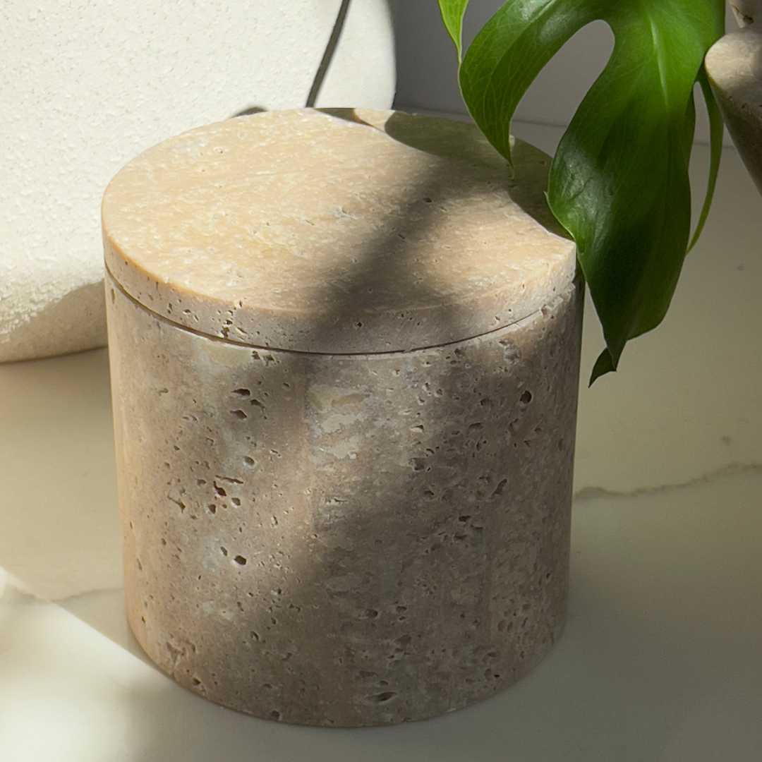 Rosalin Travertine Vessel with Lid