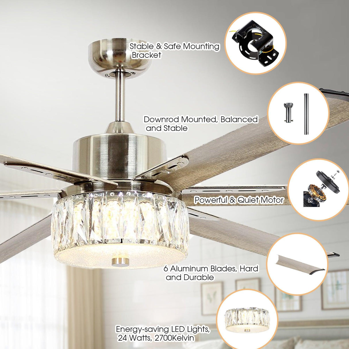 65‘’ Satin Nickel Indoor Down Rod Ceiling Fan