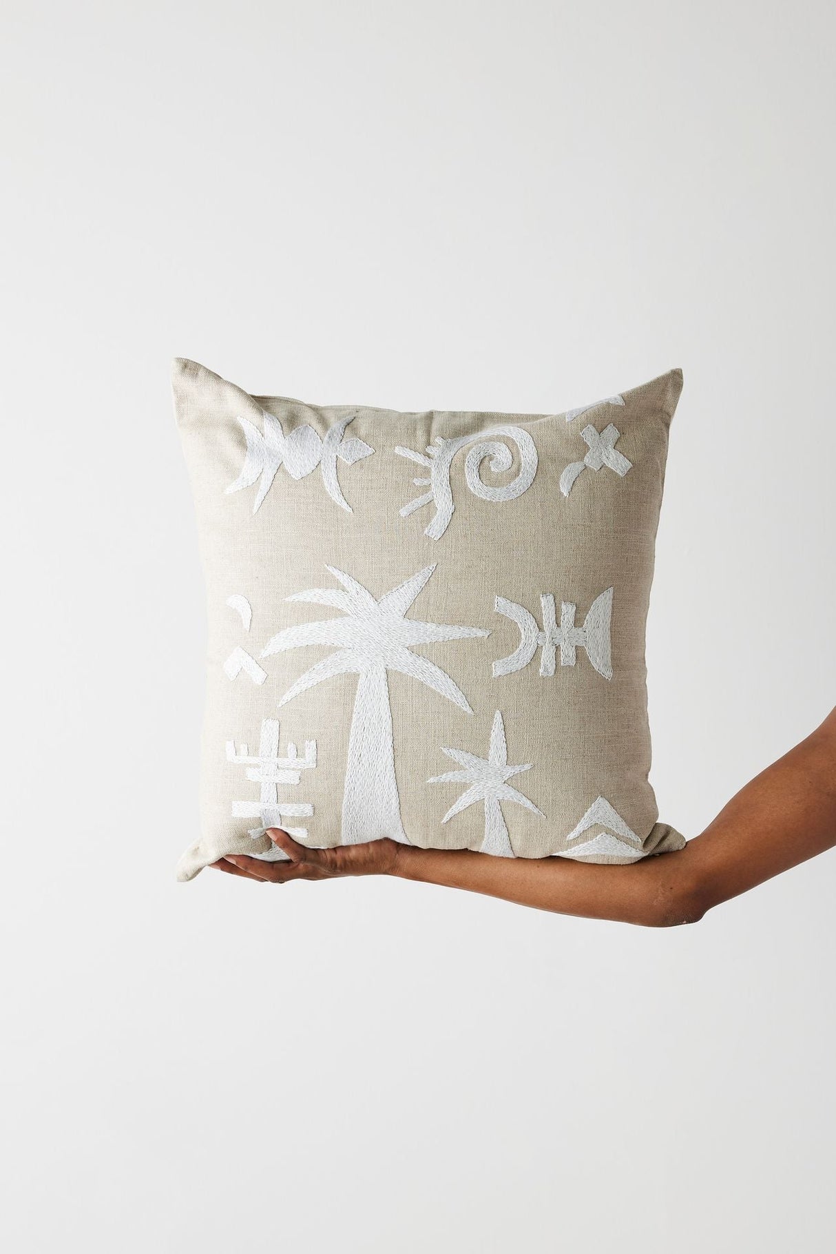 Keiskamma Natural White Linen & Silk Embroidered Throw Pillow