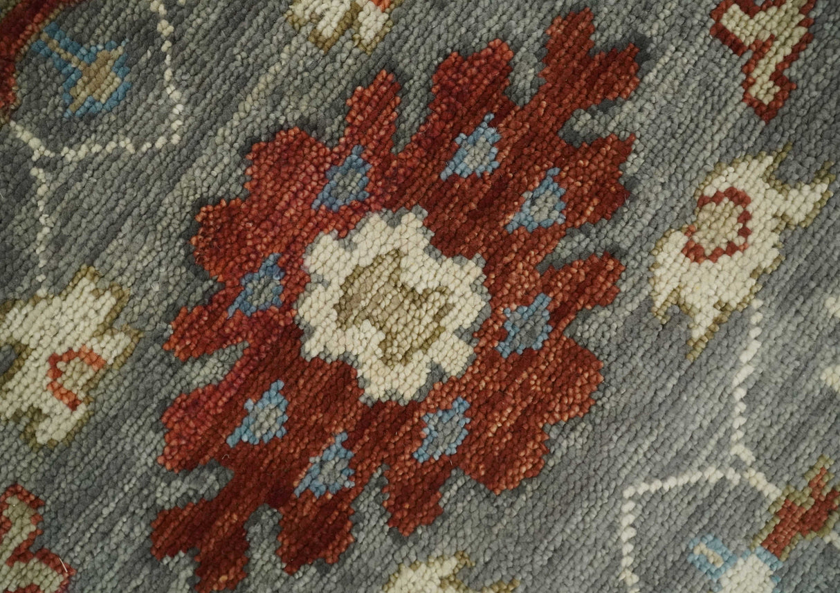 Hand Knotted Living Room Rug Charcoal, Red and Beige Traditional Vintage Style Custom Made Wool Area Rug