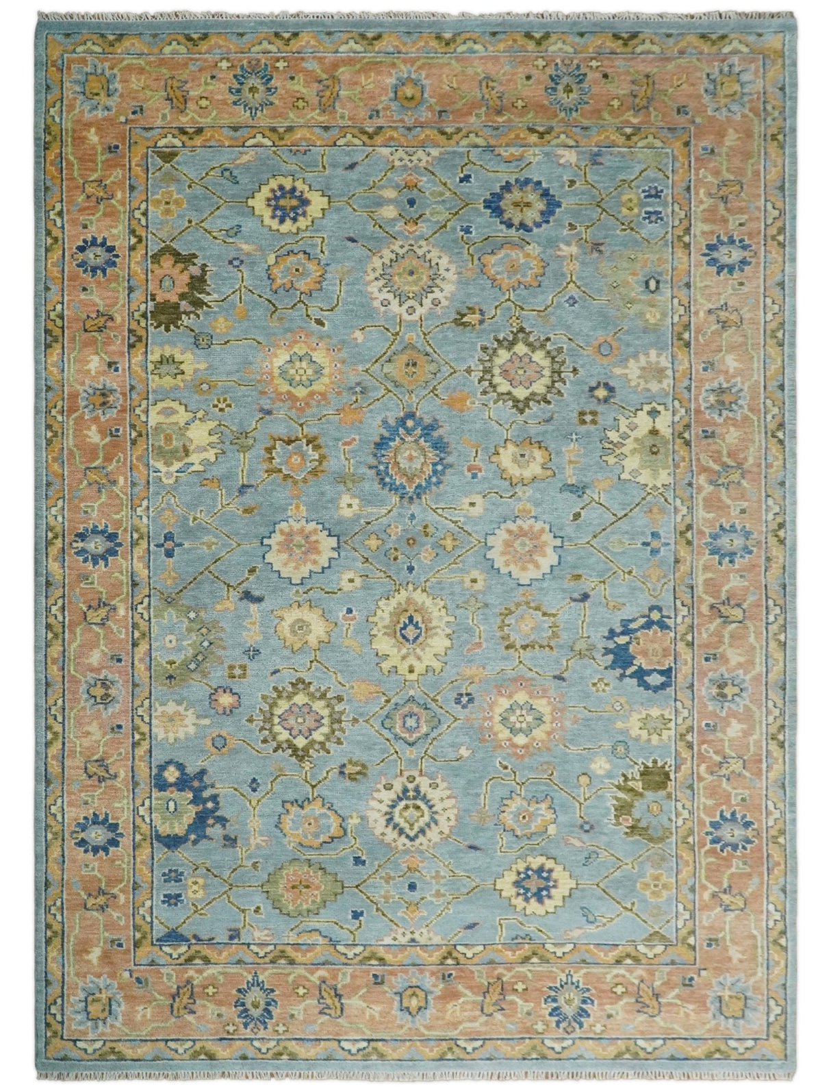 Blue and Rust Antique Traditional Oushak Area Rug