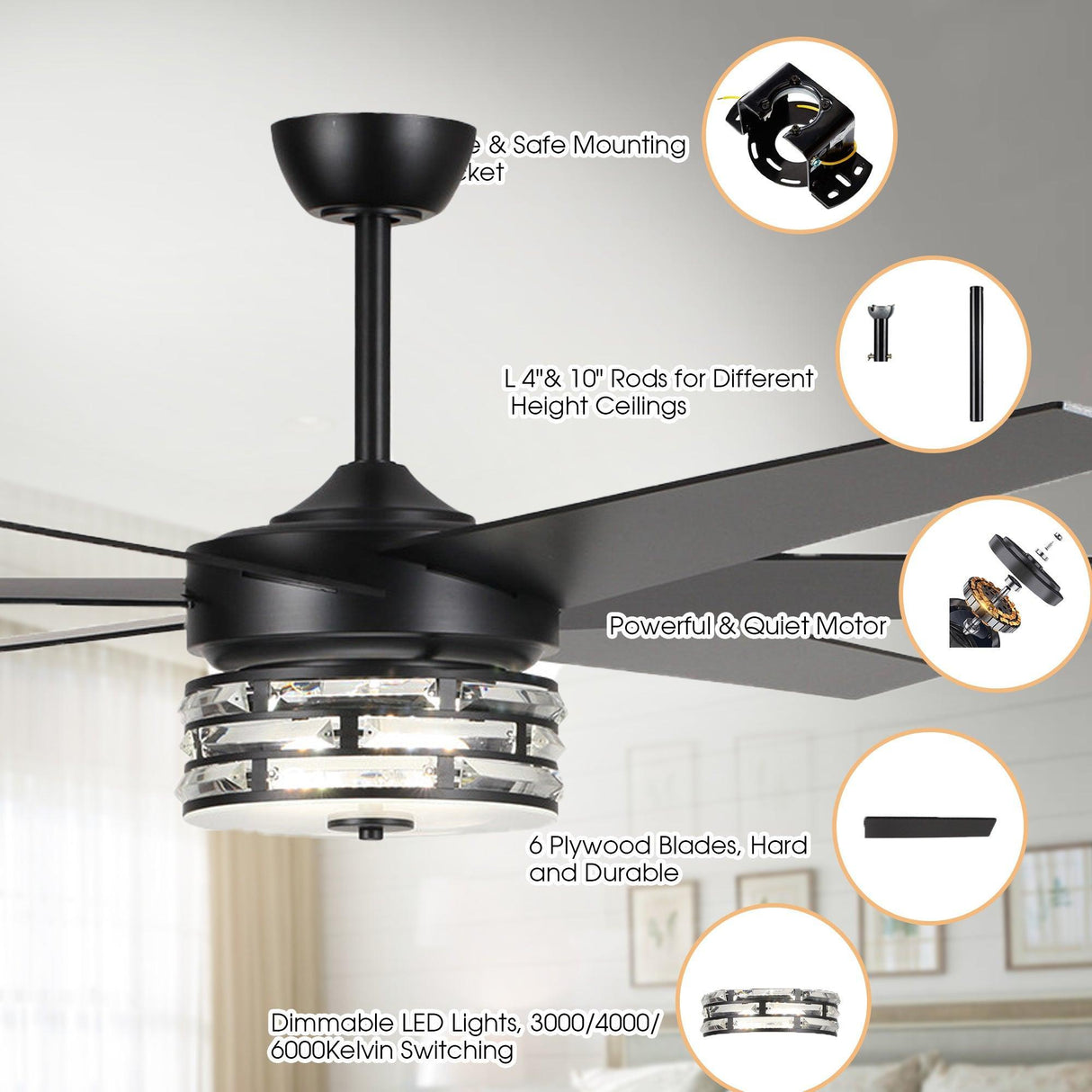 70" Black Modern Ceiling Fan