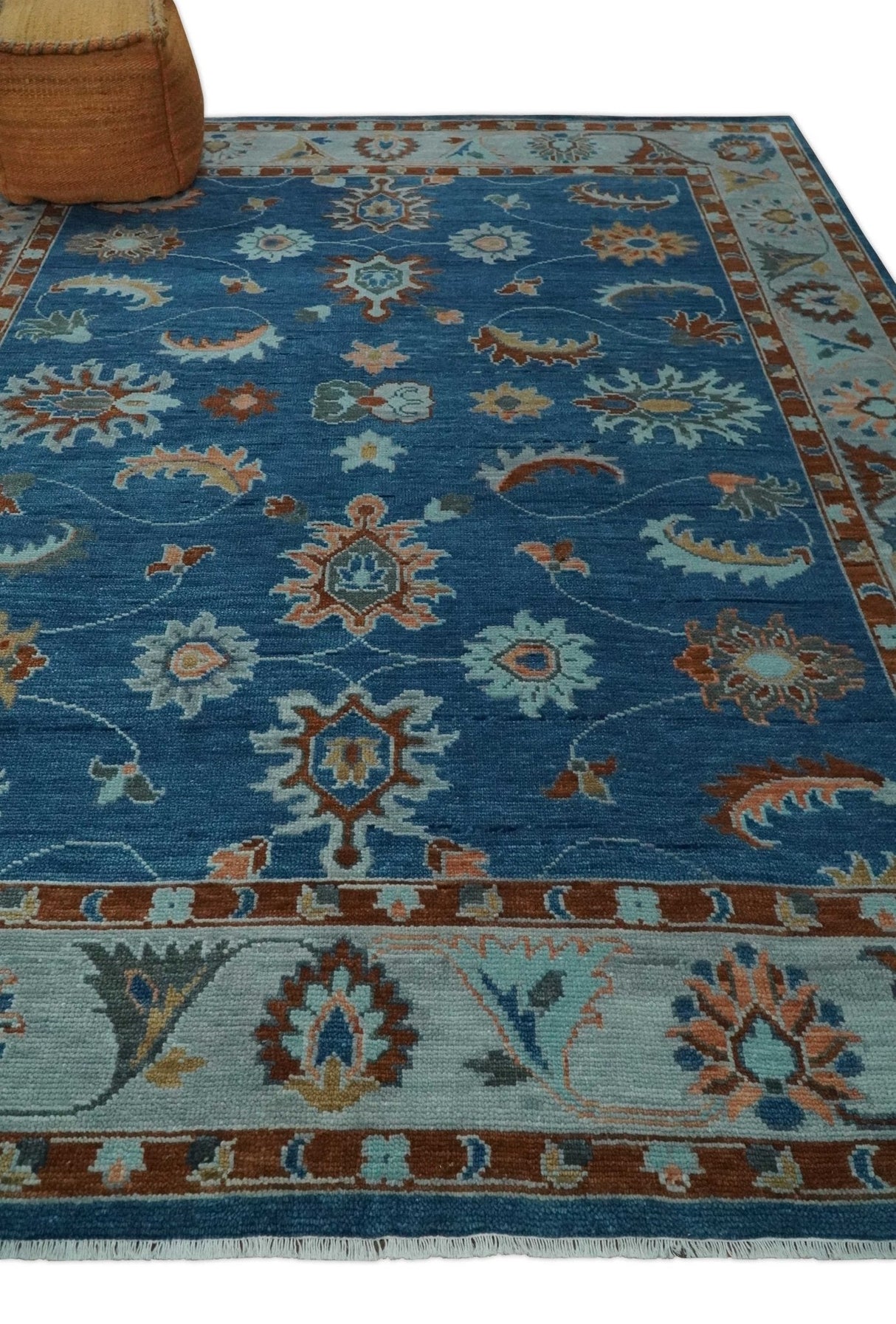 Blue, Rust and Aqua Hand Knotted Floral Multi Size Oushak Wool Area Rug
