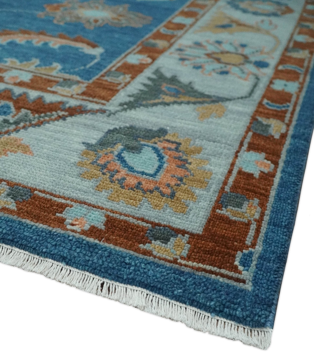 Blue, Rust and Aqua Hand Knotted Floral Multi Size Oushak Wool Area Rug