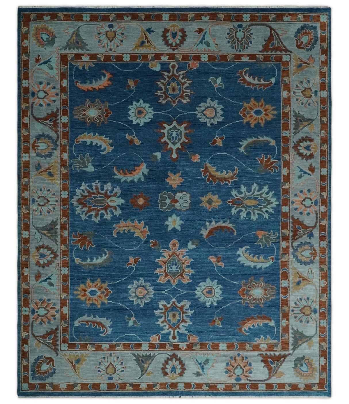 Blue, Rust and Aqua Hand Knotted Floral Multi Size Oushak Wool Area Rug