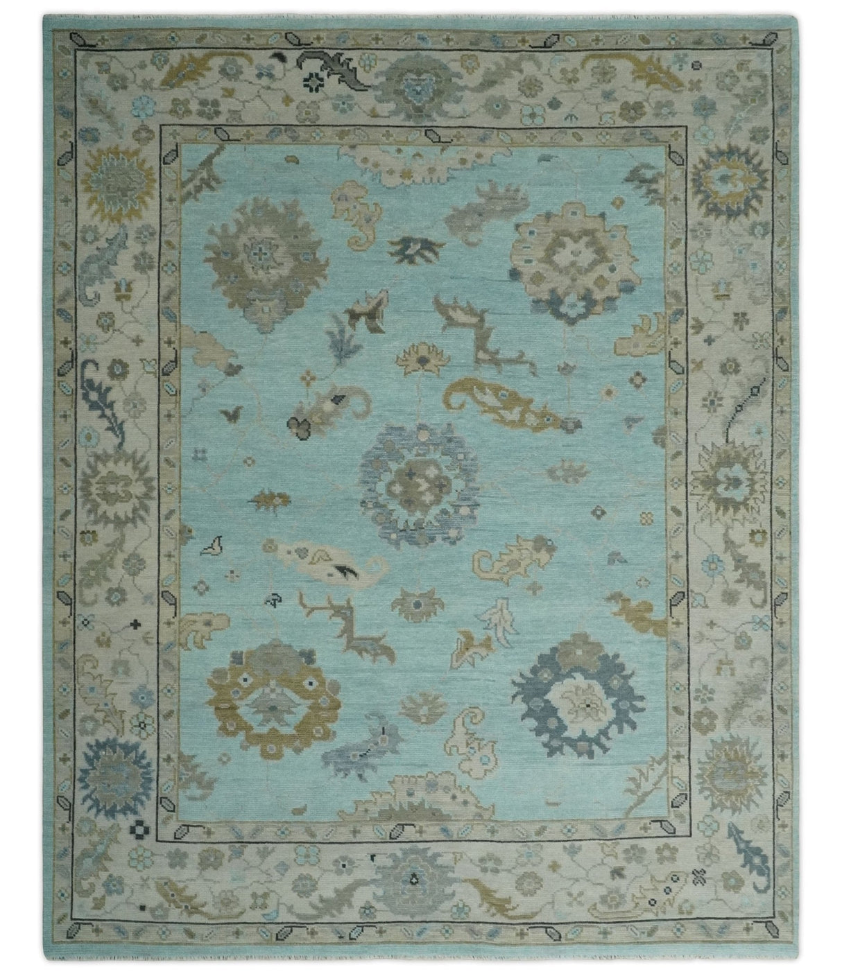 Hand Knotted Aqua, Beige and Ivory Traditional Oushak Wool Rug