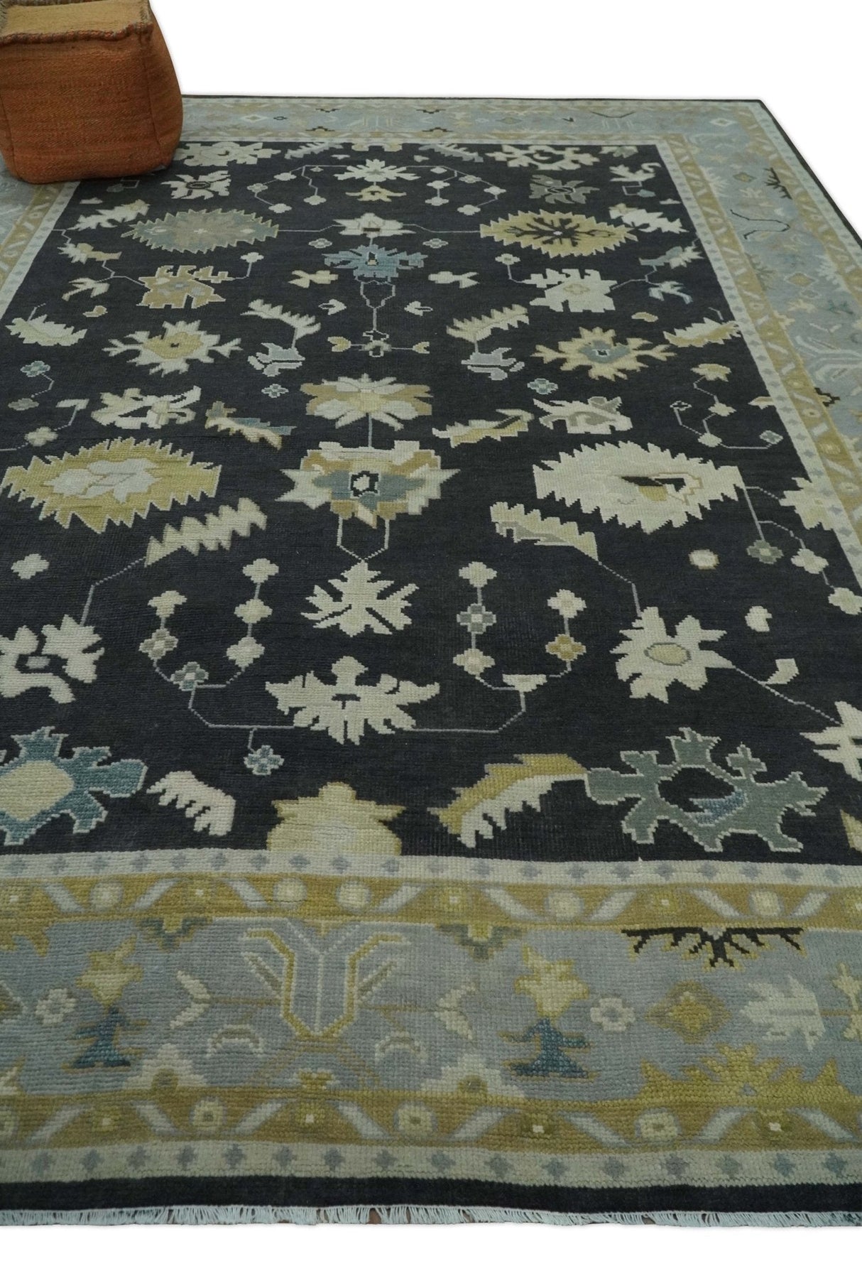 8x10, 9x12, 10x14 and 12x15 Hand Knotted Black, Beige and Silver Traditional Oushak Wool Rug