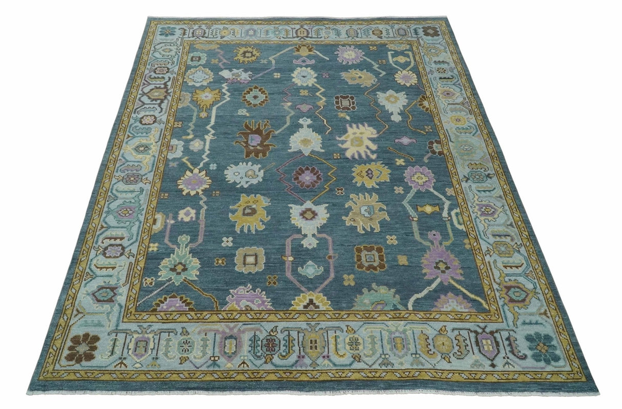 Hand Knotted Blue and Silver Vibrant colorful Oushak Wool Area Rug