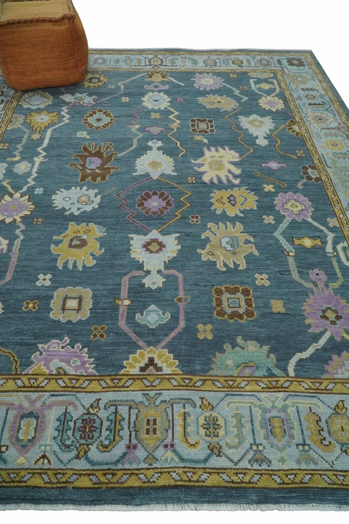 Hand Knotted Blue and Silver Vibrant colorful Oushak Wool Area Rug