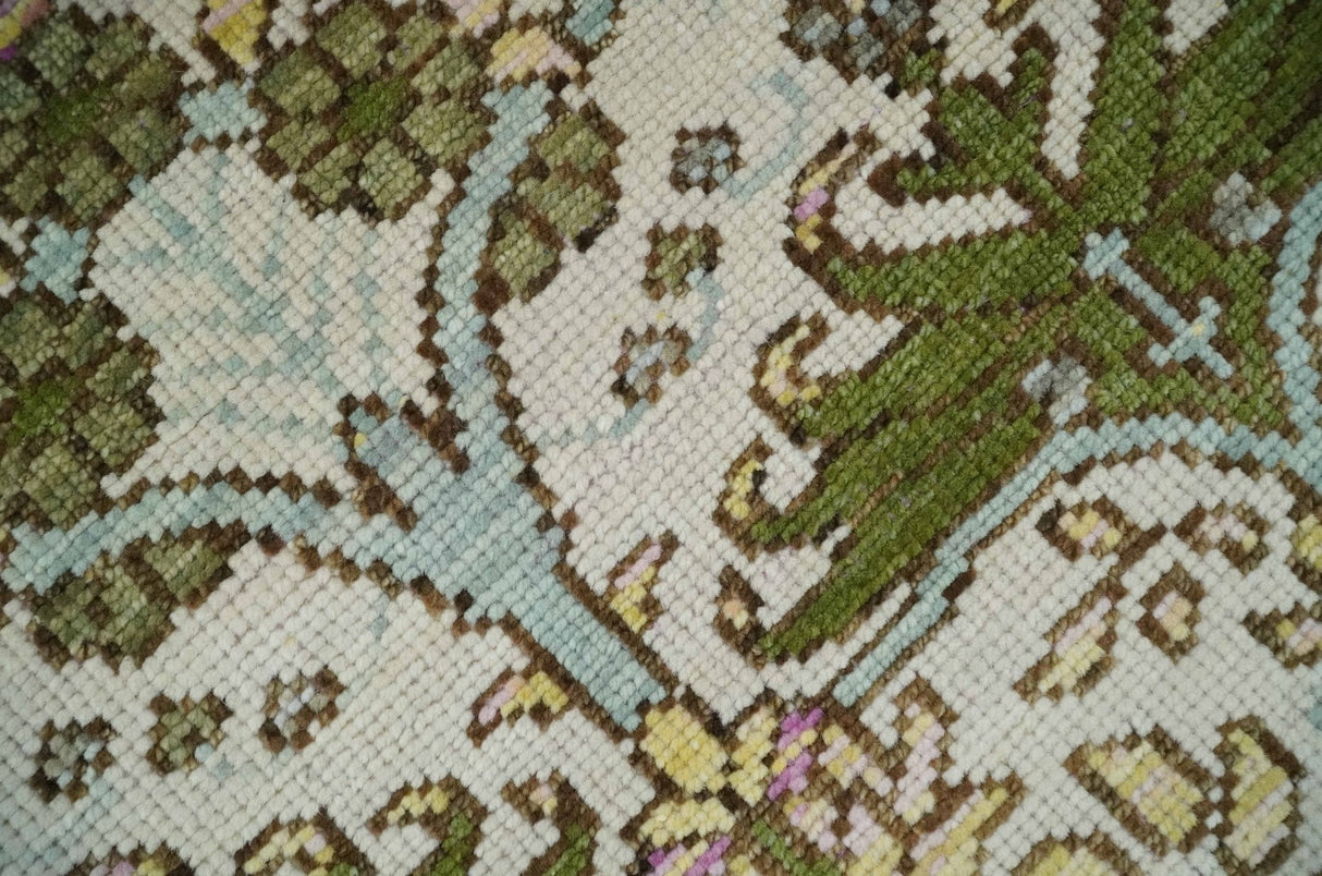Custom Made Hand Knotted Ivory and Green Floral Traditional Antique Style Wool Area Rug