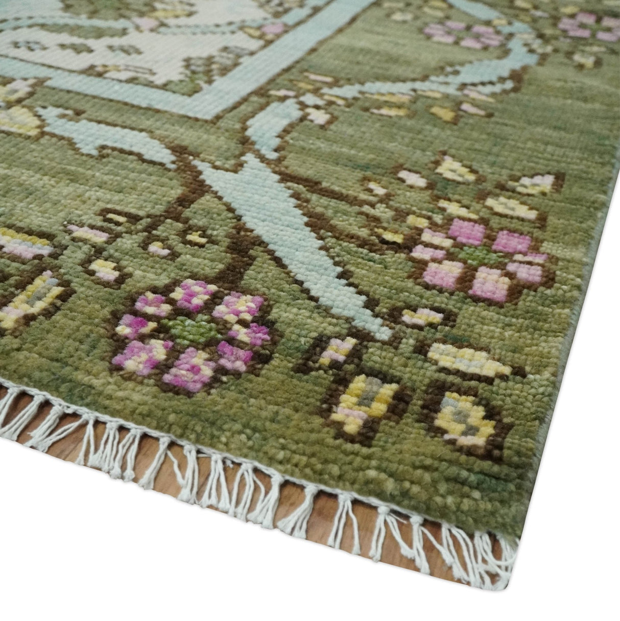 Custom Made Hand Knotted Ivory and Green Floral Traditional Antique Style Wool Area Rug