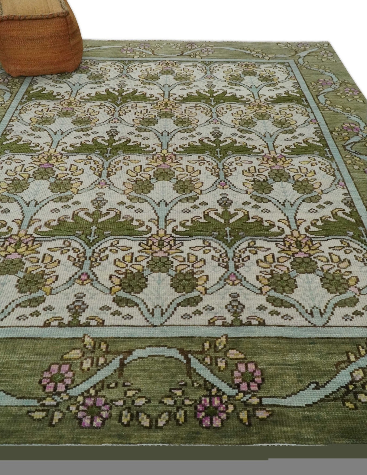Custom Made Hand Knotted Ivory and Green Floral Traditional Antique Style Wool Area Rug