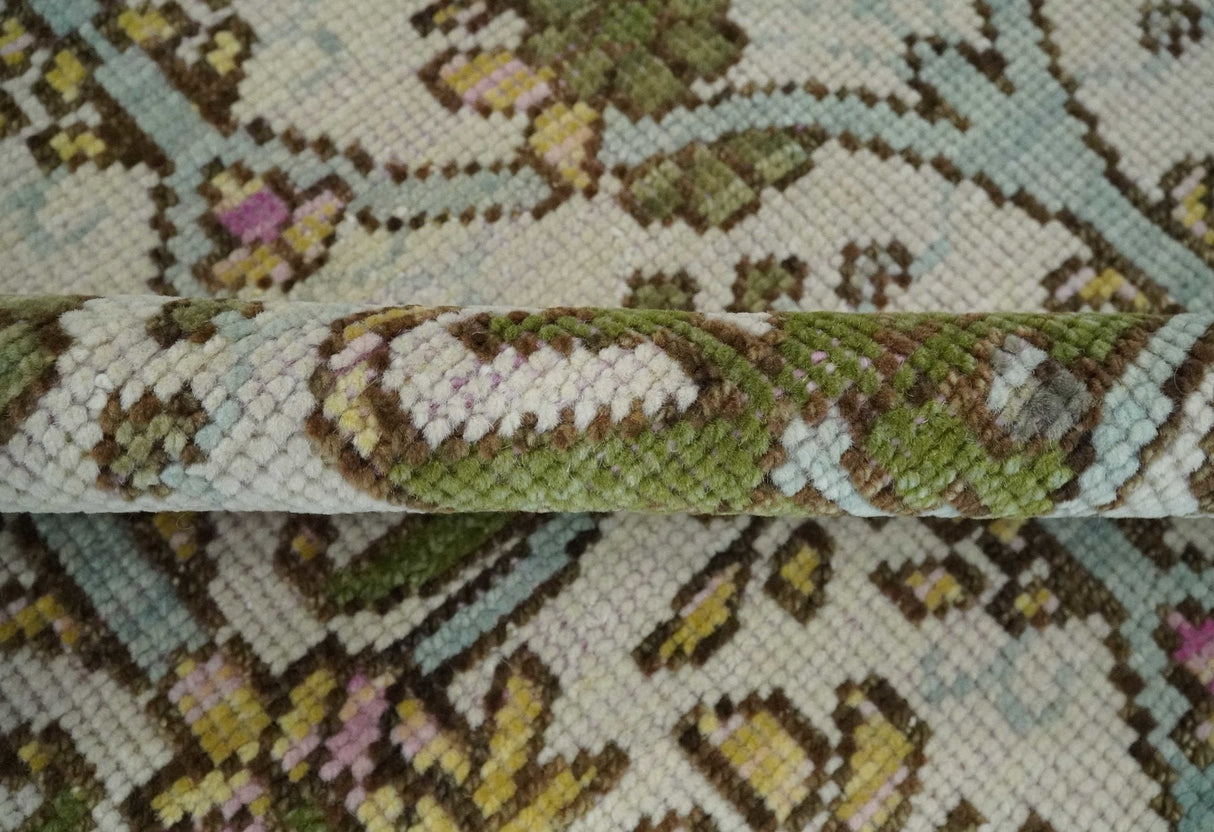 Custom Made Hand Knotted Ivory and Green Floral Traditional Antique Style Wool Area Rug