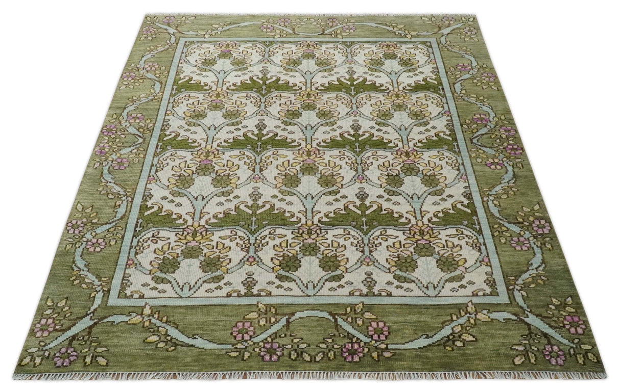 Custom Made Hand Knotted Ivory and Green Floral Traditional Antique Style Wool Area Rug