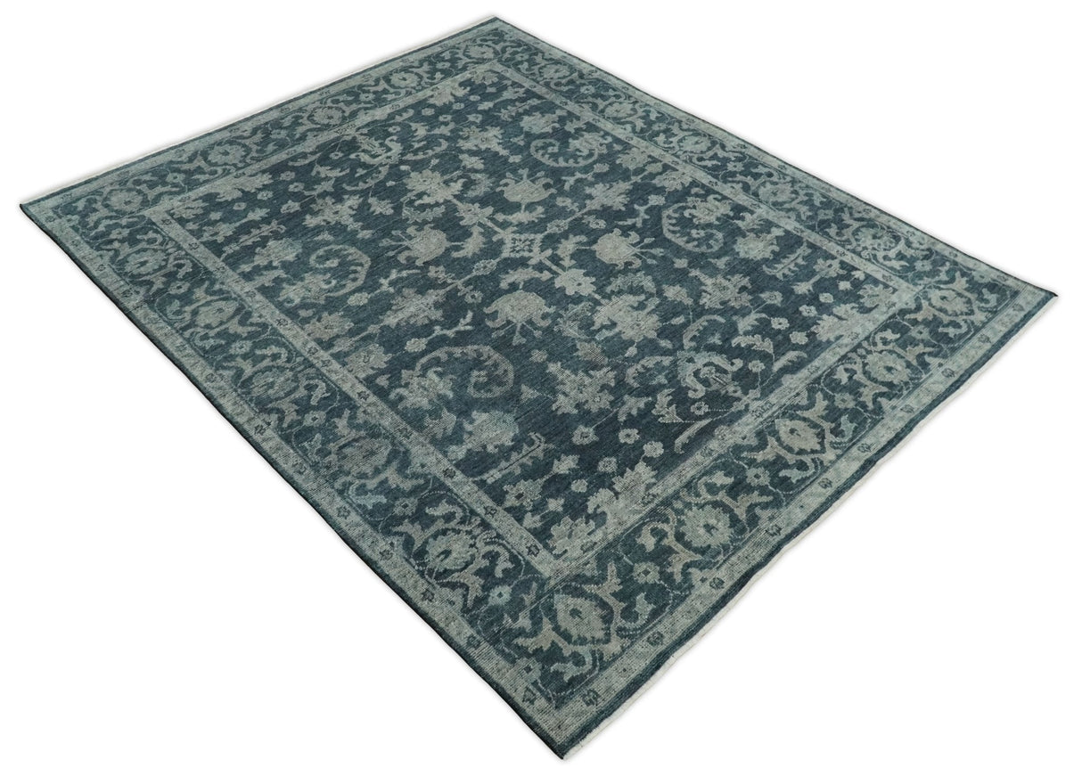 Antique Floral Distressed finished Hand Knotted Serapi Dark Teal and Beige Custom Made wool Area Rug
