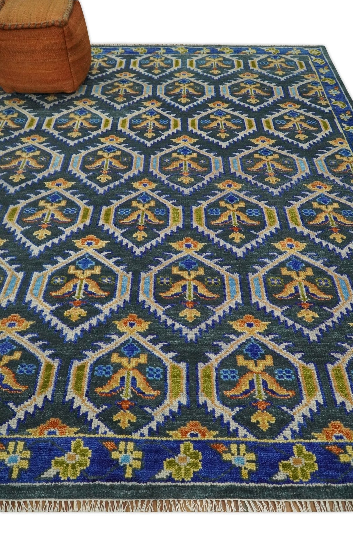 Hand Knotted Blue, Gold and Moss Green Vintage Style Custom Made wool Area Rug