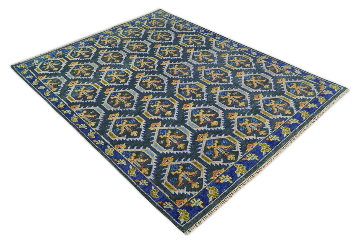 Hand Knotted Blue, Gold and Moss Green Vintage Style Custom Made wool Area Rug
