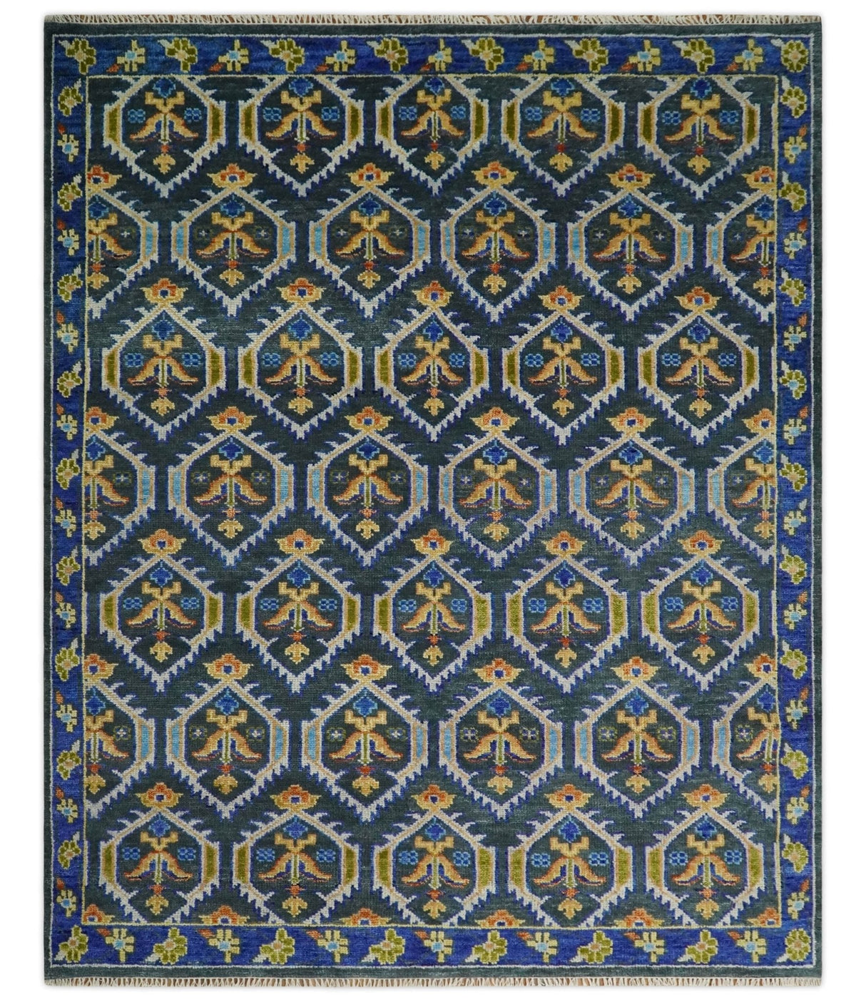 Hand Knotted Blue, Gold and Moss Green Vintage Style Custom Made wool Area Rug