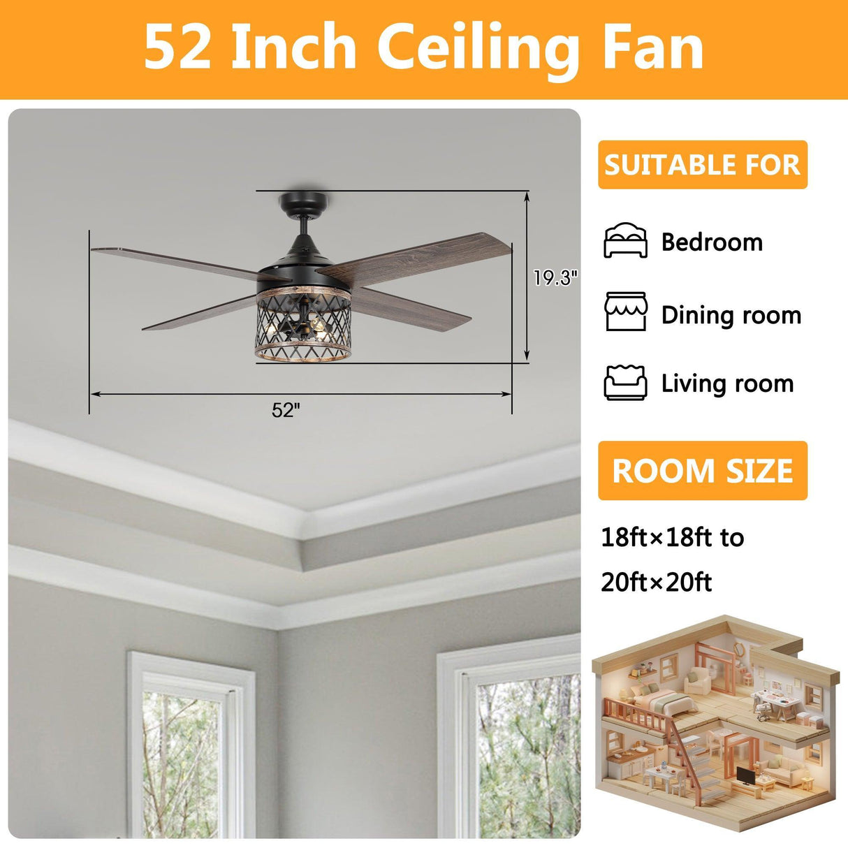 52" Mirelle Indoor Black Downrod Mounting Ceiling Fan With Light Kit And Remote